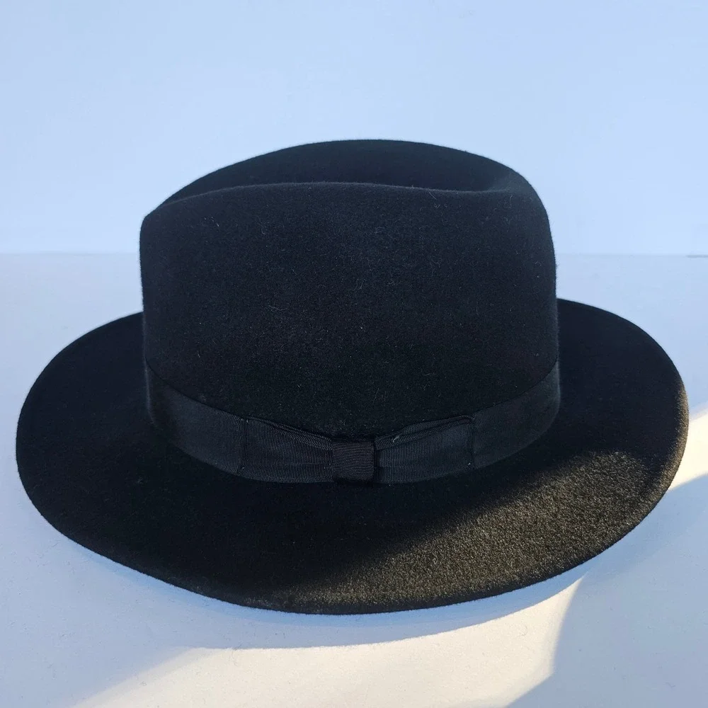 Vtg 80s Banana Republic Black Wool Fedora Wide Brim Safari Hat Goth Classic Sz 7